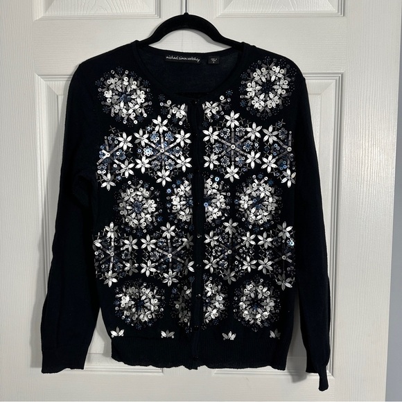 Michael Simon sz. S black snowflake embellished sweater, cardigan, holiday, xmas - Picture 1 of 10